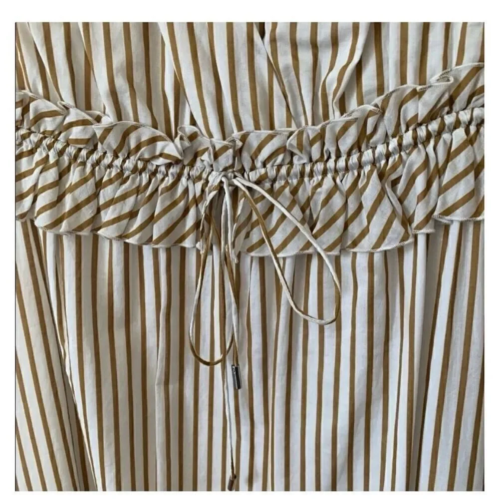 Robert Rodriguez XS Tiered Midi Dress Gold White Stripe Coastal Lagenlook New
